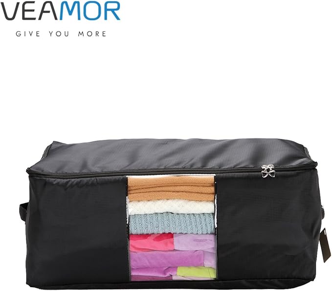 VEAMOR Comforter Storage Bags Pack of 2,Pillow Beddings/Blanket Clothes Organizer Storage Containers with Zippers,Breathable and Moistureproof(Black,2pcs)