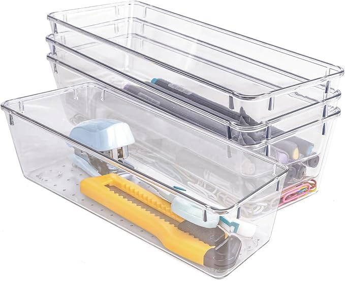 Zuihug 4 PCS Clear Plastic Drawer Organizer, Desk Drawer Divider Organizers and Storage Bins for Makeup, Jewelry, Gadgets for Kitchen, Bedroom, Bathroom, Office (9.0"x3.0"x2.2")