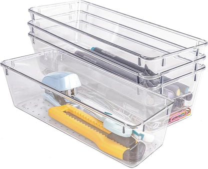 Zuihug 4 PCS Clear Plastic Drawer Organizer, Desk Drawer Divider Organizers and Storage Bins for Makeup, Jewelry, Gadgets for Kitchen, Bedroom, Bathroom, Office (9.0"x3.0"x2.2")