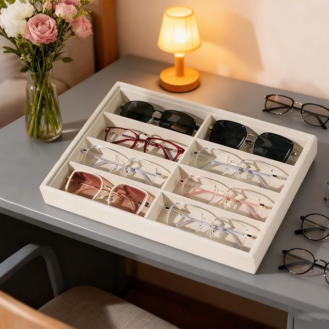 XHMQYC Glasses Holder Box Drawer Sunglass Organizer for Men Clear Wide Storage Case 8 Slots Multiple Reading Glasses Display, Beige Velvet