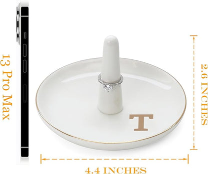 HOME SMILE Initials Ring Holder Jewery Tray with personalized T-Monogrammed Engagement Gifts for Friends,Birthday Mother's Day Christmas Gifts for Women,Ceramic White