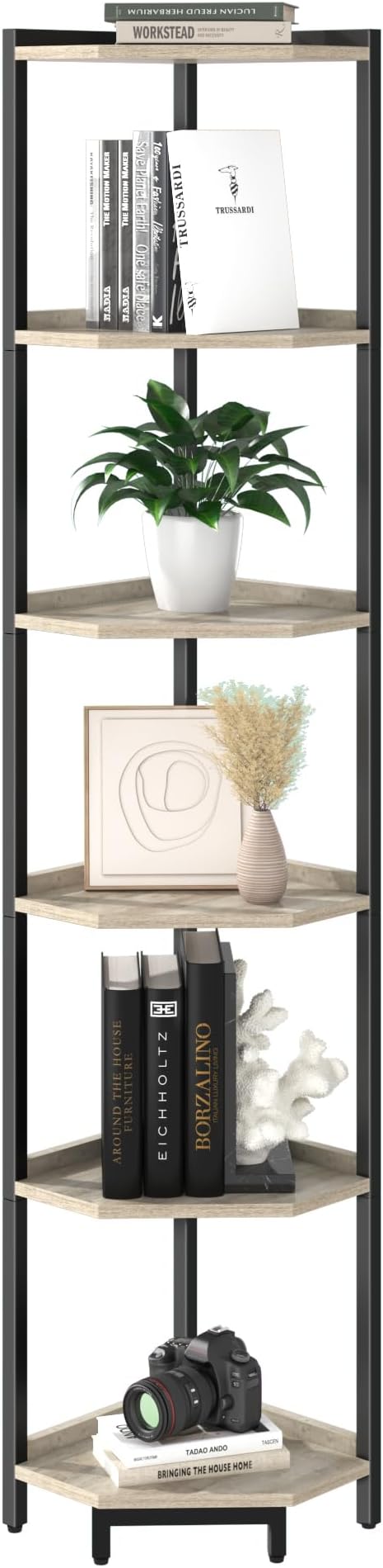 Corner Shelf Stand, Corner Bookshelf, Storage Standing Shelf Unit with Metal Frame, Plant Stand, Corner Bookcase for Living Room, Home Office, Bedroom, 6-Tier Greige CS06005B