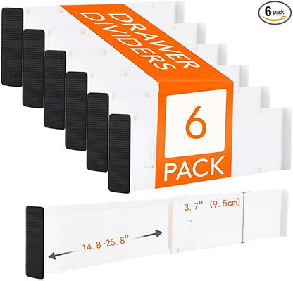 Expandable Closet Organizer Set, 6-Pack, 14.8"-25.8" Adjustable, 3.7" High, Plastic Storage Dividers for Drawers, Dresser, Kitchen, Bedroom, Office