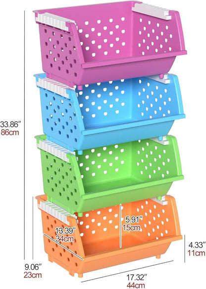 4 Packs Plastic Storage Basket Stackable, Stacking Storage Baskets Open Front