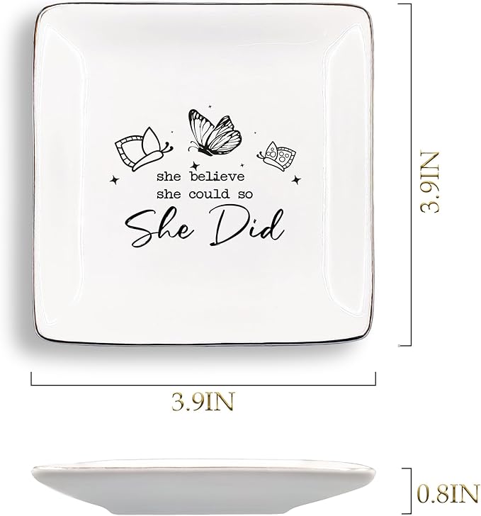 JRTW College Graduation Gifts Jewelry Tray, Inspirational Congratulations Gifts Ceramic Jewelry Dish Tray for Rings & Earring for Women, She Believed She Could So Did Ring Trinket Dish for Women