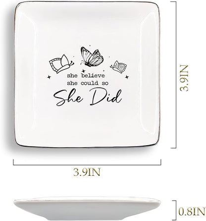 JRTW College Graduation Gifts Jewelry Tray, Inspirational Congratulations Gifts Ceramic Jewelry Dish Tray for Rings & Earring for Women, She Believed She Could So Did Ring Trinket Dish for Women
