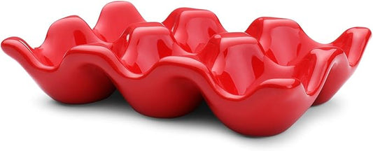 Flexzion Ceramic Egg Holder for Fridge - 6 Cups Egg Tray Half Dozen Porcelain Container Keeper Storage Organizer Decorative Serving Dish Serveware for Refrigerator Countertop Display Kitchen (Red)