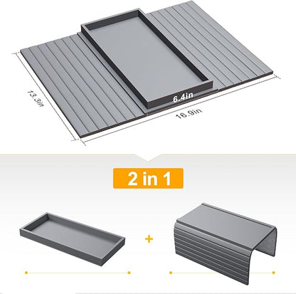 Bamboo Sofa Armrest Tray Table for Couch - 2-in-1 Foldable Couch Arm Table with Be Slide Detachable Tray- Anti-Slip Sofa Armchair Caddy for Drinks Cellphone TV Remote Snacks(Gray)