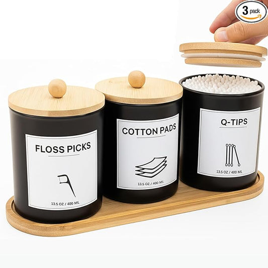 GYOSUGANG 3 PCS Qtip Holder for Bathroom, Cotton Ball Holder with Tray, Bathroom Organizers and Storage, Bathroom Jars for Floss Picks, Cotton Swabs, Balls, Pad(Black)