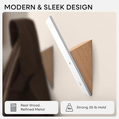 Homeforia Beech Wood Coat Hooks, High End Beech Wood & White Metal Wall Mounted Clothing Hooks, Mid-Century Modern Coat Hooks, Heavy Duty Wooden Hooks for Hanging Coats, Hats, Towels & More, Set of 6