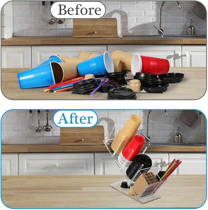 Disposable Coffee Cups Holder, Large Acrylic Organizer for 18oz, 20oz, 24oz Disposable Paper & Plastic Cups Holder Stand On Home Countertop Store Office Coffee Station(Type A)