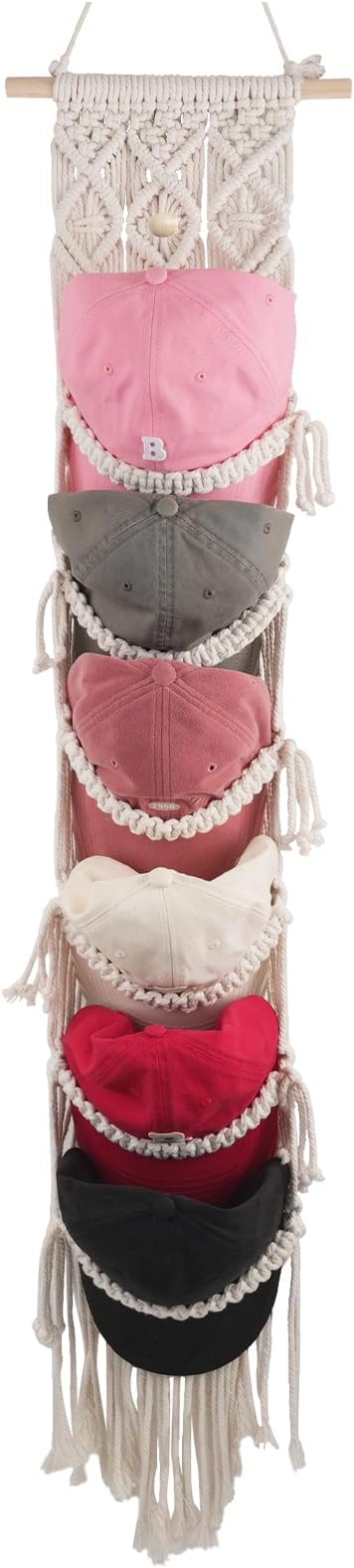 KaloKalo Macrame Cap Holder Boho Hat Hangers Over Door Ball Cap Rack Organizer Decorative Bohemian Handmade Woven Wall Hanging for Baseball Cap Display Decoration (Ivory, Up to 12 Caps)