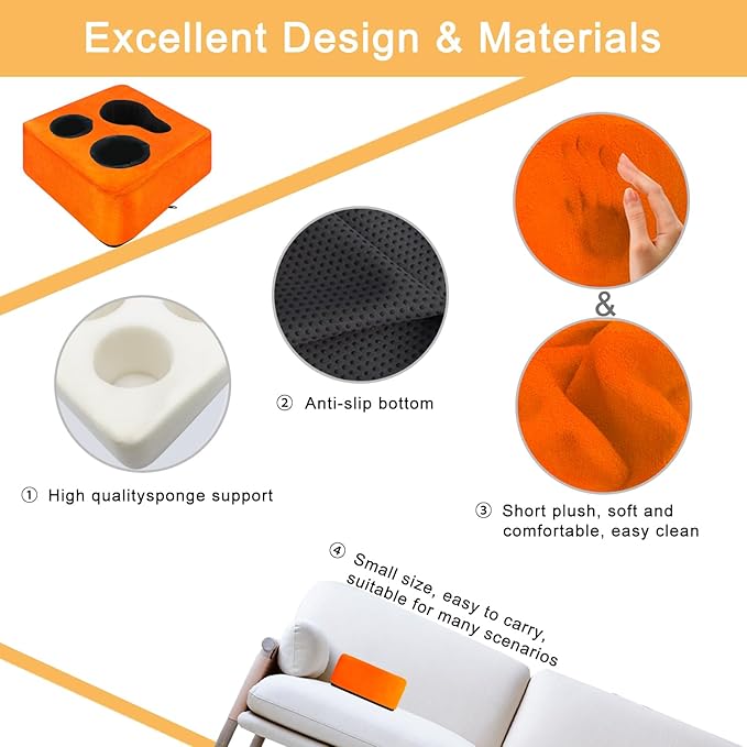 3 Hole Couch Bed Cup Holder Pillow, Keep Drinks Hand Side and KeepTemp, Prevent Spills, Use Anywhere - for Bed, Camping, RV, Car, Beach. Orange