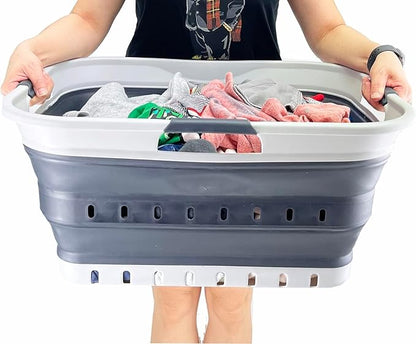 SAMMART 42L (11 gallon) Collapsible Plastic Laundry Basket - Foldable Pop Up Storage Container/Organizer - Space Saving Hamper/Basket (Grey/Charcoal Black)