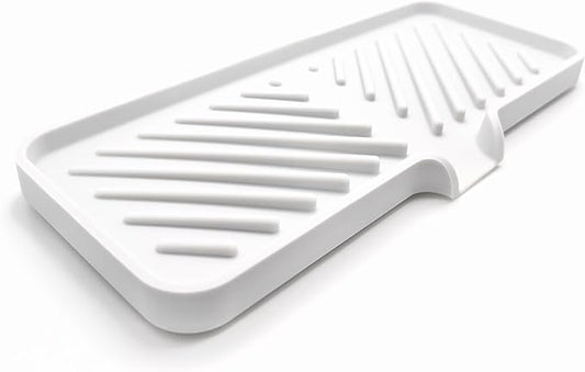 Happitasa Silicone Soap Dish Tray and Sponge Holder with Drain Chute and Feet | 3-Way Sloped Design | Bathroom and Kitchen Sink Organizer Caddy (White, 10"x4")