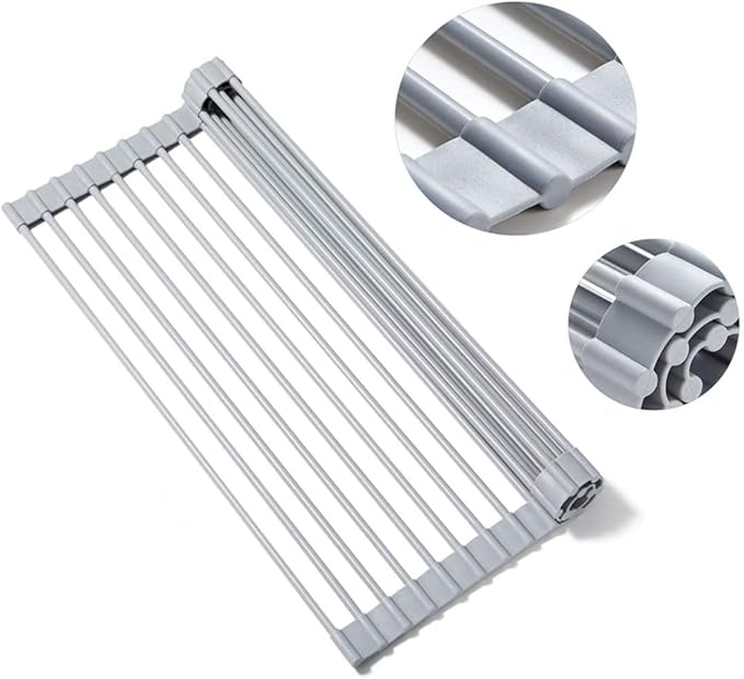 Pezixueran Roll Up Dish Drying Rack Over The Sink.Foldable Kitchen Drainer,Fully Silicone Cover Stainless Steel Bar,Heat-Resistant, Anti-Slip Sink Rack for Kitchen Counter Multipurpose.