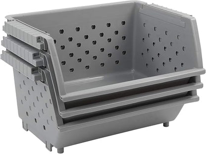 3 Pack Stacking Open Front Storage Bins, Gray Stackable Pantry Basket Plastic