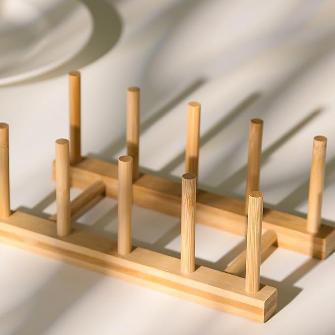Yuixoseu 4 Pcs Bamboo Wooden Dish Rack, Plate Organizer for Cabinet Space Saver and Kitchen Counter, Bowl/Cup/Pot Lid/Cutting Board Drying Holder (4 Slots)