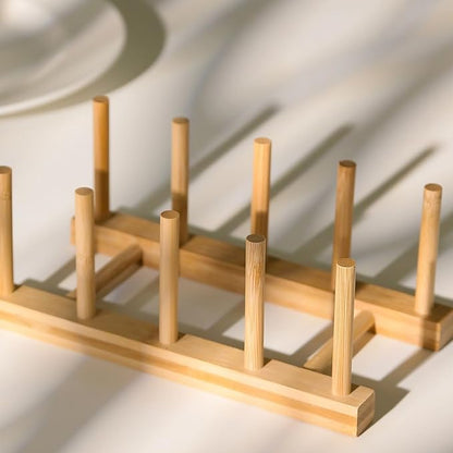 Yuixoseu 4 Pcs Bamboo Wooden Dish Rack, Plate Organizer for Cabinet Space Saver and Kitchen Counter, Bowl/Cup/Pot Lid/Cutting Board Drying Holder (4 Slots)