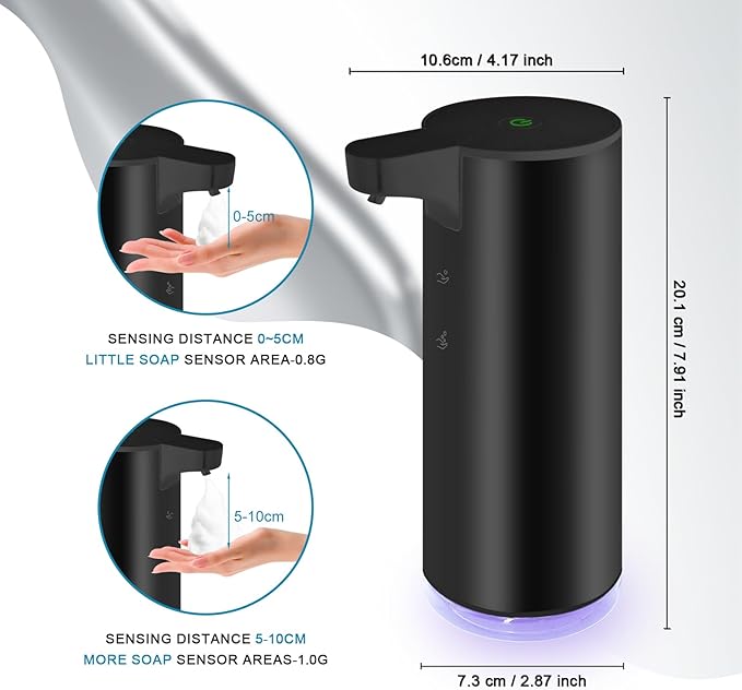 Mamiddle Automatic Soap Dispenser Stainless Steel with Sensor Infrared Soap Dispenser Electric IPX5 Waterproof USB-C Charging Motion Sensor for Kitchen & Bathroom (Black Foam)