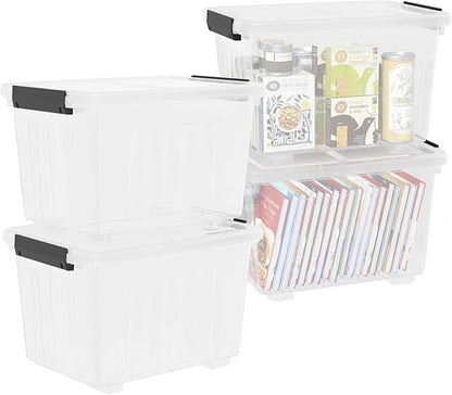 Qqbine 30 Quart Plastic Clear Storage Bin with Wheels, Plastic Latching Bins with Lids, 4 Packs