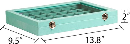 Frebeauty Velvet Jewelry Tray,35 Grid Jewelry Organizer with Clear Lid,Earring Holder Organizer Case with Clasp,Drawer Insert for Rings Studs,13.8 x 9.5 x 2 Inches,Gift for Women Girls(Turquoise)