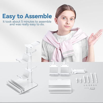 KDD Headphone Stand, Controller Holder & Headset Holder for Desk, Earphone Stand with Aluminum Supporting Bar, Universal Storage Organizer Headphones/Controller/Switch/Mobile Phone(White)