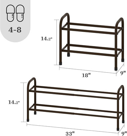 Expandable Shoe Rack, 2-Tier Metal Small Shoe Rack, Adjustable Shoes Organizer, Storage Shelf for Closet, Entryway, Brown