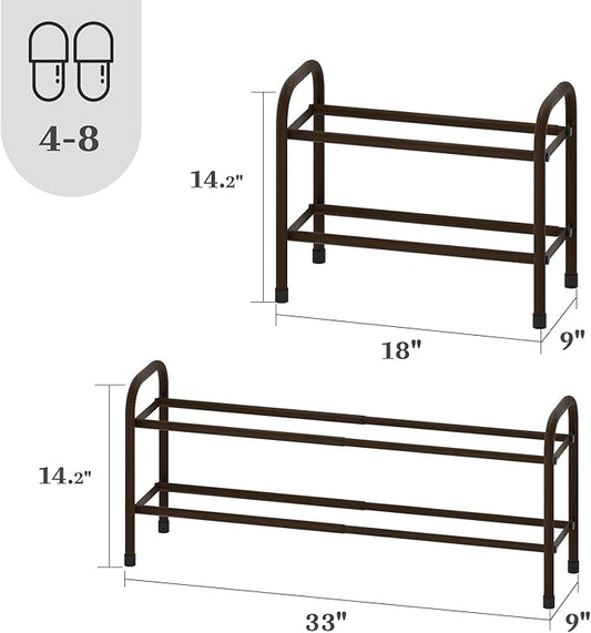 Expandable Shoe Rack, 2-Tier Metal Small Shoe Rack, Adjustable Shoes Organizer, Storage Shelf for Closet, Entryway, Brown