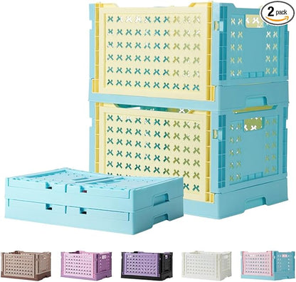 Stackable Plastic Closet Storage Basket, 2 Pack Foldable Closet Organizers and Storage Bins, Decorative Basket for Closet, Shelves, Laundry, Wardrobe Organizing (Yellow Blue)