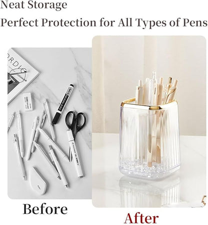 Acrylic Pen Holder, Cute Clear Gold Desk Organizer for Pencils, Makeup Brushes Toothbrushes with Striped Design for Vanity Bathroom Storage Cup