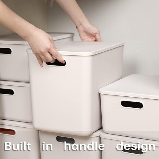 Plastic Storage Baskets With Lid Organizing Container Lidded Knit Storage Organizer Bins for Shelves Drawers Desktop Closet Playroom Classroom Office (4XL+2L, Light grey)