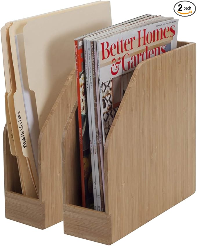 MobileVision Bamboo Vertical File Folder Holder & Office Product Organizer, Store Files, Magazines, Notepads, Books and more, 2 Pack Combo Set