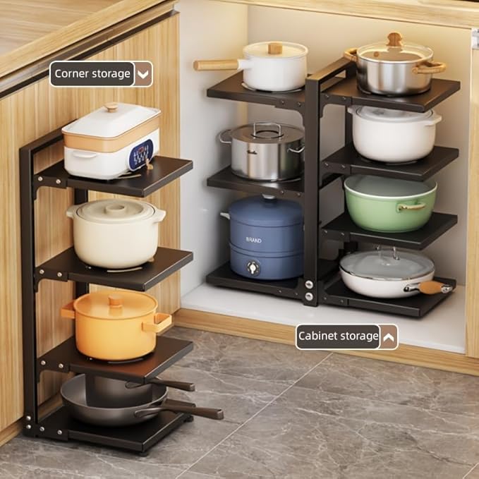 Mnftive adjustable Pot and Pan Organizer for Cabinets - kitchen cabinet No Drill Storage Rack, Fits 24 Inch Deep Shelves, Space Saving Under Shelf Design (each layer Max Load 15lbs)
