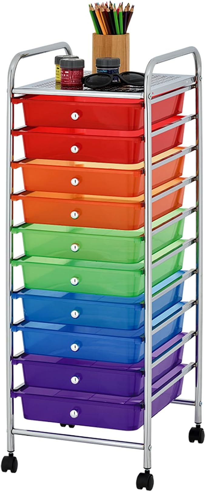 Display By Jack 10-Drawer Rainbow Storage Cart with Top Shelf, Color-Coded Organizer on Locking Wheels, Slim 36" Chrome Frame for Classroom, Art Studio, Home, or Office