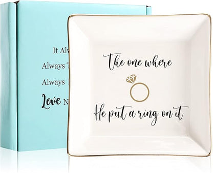 JOYIMARR Engagement Gifts for Women Ring Dish Tray - Bride to Be Newly Engaged Gifts-The One Where He Put A Ring On It - Funny Wedding Gift