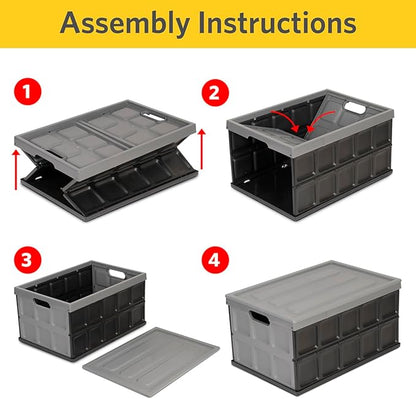 Glad Collapsible Storage Bin with Lid - 48L Foldable Plastic Box for Garage, Car Trunk, and Organization - Stackable Lidded Container with Handles, Grey