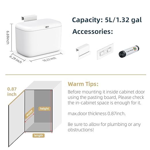 MUEE Hanging Compost Bin for Kitchen Cabinet Door - 1.3 Gal Small Trash Can with Lid, Under-Sink Food Scraps Collector, Slim Odorless Waste Bin for Apartment Essentials & RV - White
