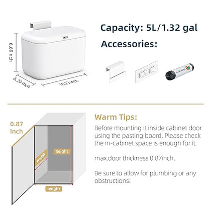 MUEE Hanging Compost Bin for Kitchen Cabinet Door - 1.3 Gal Small Trash Can with Lid, Under-Sink Food Scraps Collector, Slim Odorless Waste Bin for Apartment Essentials & RV - White