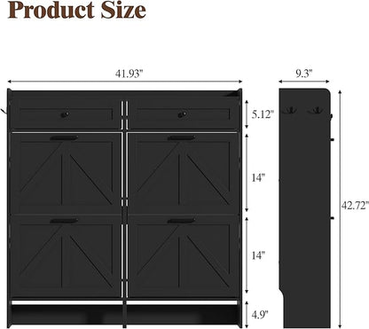 Shoe Cabinet with 4 Flip Drawers & 2 Storage Drawers, Rustic Farmhouse Narrow Shoe Organizer Cabinet, Slim Shoe Rack Cabinet, Shoe Storage Cabinet for Entryway, Hallway, Front Door
