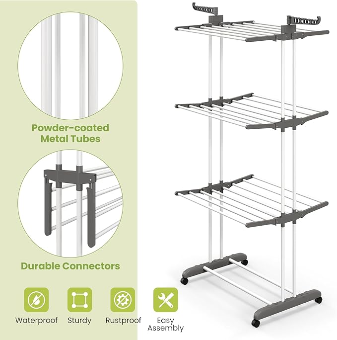 Giantex Foldable Clothes Drying Rack, Oversized 4-Tier Collapsible Laundry Rack w/ 3 Retractable Trays, Hanger Holders, Moveable Laundry Garment Dryer Stand w/Wheels for Indoor Outdoor Use