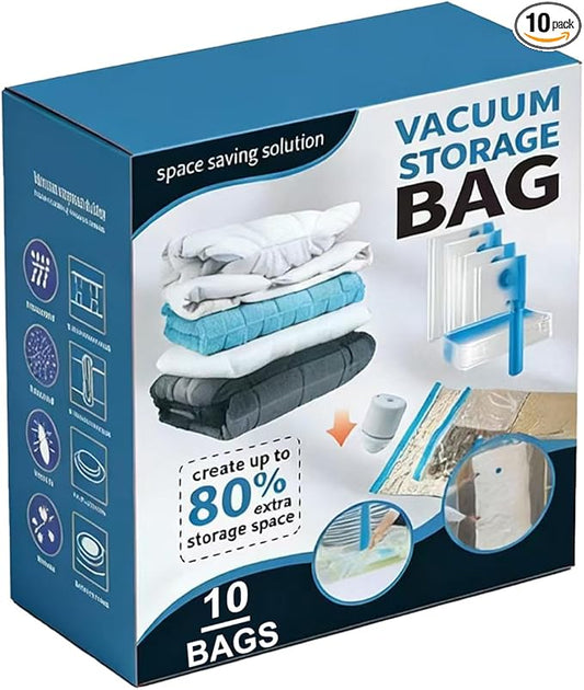 10 Pack Vacuum Storage Bags with Hand Pump, 1 Jumbo + 3 Large + 3 Medium + 3 Small Plastic Packaging Bags, 80% Space Saver Sealer Compression Bags for Clothing, Travel Lugggage, Blankets, Comforters