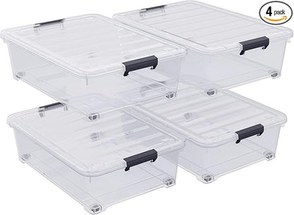 Waikhomes 4-Pack 25L Plastic Under Bed Storage Organizer Bin Container with Latch Lids and Wheels, Clothes Storage Box Rolling Underbed, Clear