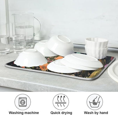 Beautiful Fairy Forest Owl Mushroom Flowers Butterfly Microfiber Dish Drying Kitchen Countertop Table Protector Multipurpose Counter Rack Sink Drainer Pad (16" x 18")