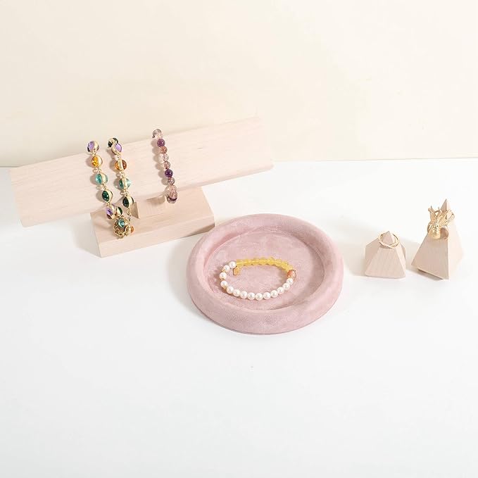 GemeShou Round Jewelry Organizer Plate, Top Microfiber Velvet Jewelry Display Tray, Empty Jewelry Showcase Tray for Necklaces, Bracelets, Rings, Earrings (Pink-Small, 5.9 x 5.9 in)