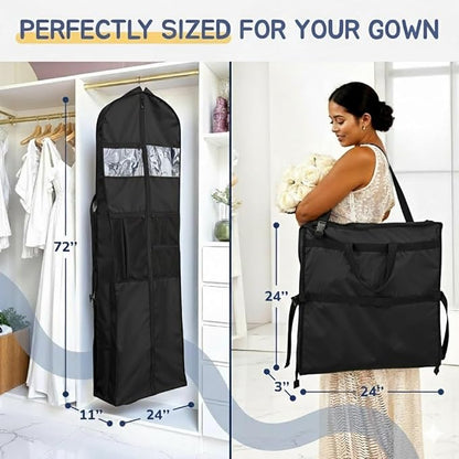 Sturdy Oxford polyester fabric - 72" Wedding Dress Garment Bag - Shoulder Strap - Accessory Pockets - Attaches to Suitcase – Waterproof – Trifold – Designed for Full Skirts – Carry Handle (Black)