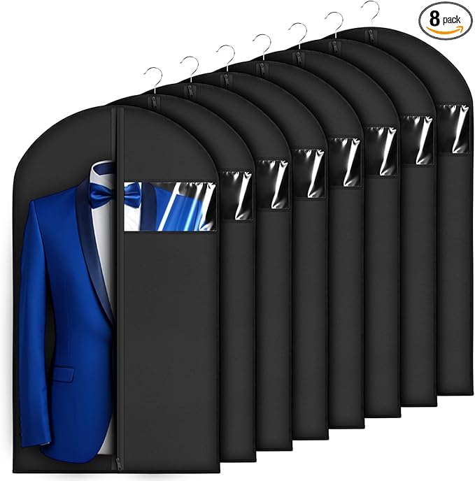 8 packs Garment Bags for Hanging Clothes, 40-inch Garment Bag for Travel and Storage, Washable Suit Bags for Closet Storage and Travel with Clear Window, Black