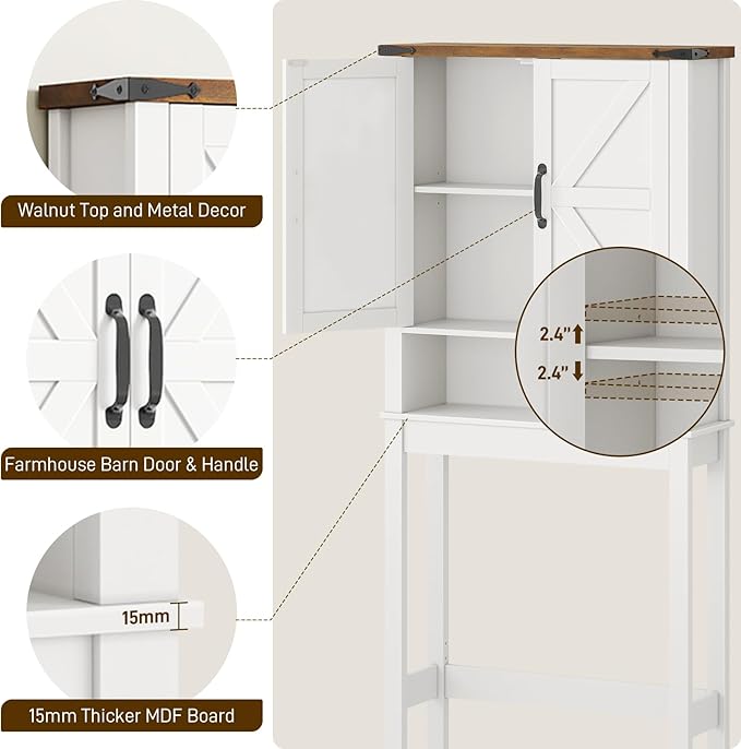 Halitaa Over The Toilet Storage Cabinet, Farmhouse Over Toilet Bathroom Organizer with 2 Barn Doors, Narrow Above Toilet Storage Cabinet, Behind Toilet Bathroom Organizer (Rustic White)