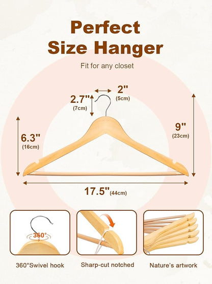 HOUSE DAY Wooden Hangers 30 Pack, Solid Wood Clothes Hangers with Non Slip Pant Bar, Heavy Duty Wooden Coat Hanger for Closet, Smooth Finish Wood Hangers for Shirts, Suits Jackets, Dress, Natural