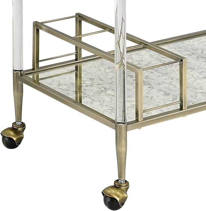 Cirro Glass Bar Cart with Antique Mirror, 2-Tier Serving Cart with Wire Brass Finish Frame, 39x16x37 Inch, Rolling Wheels
